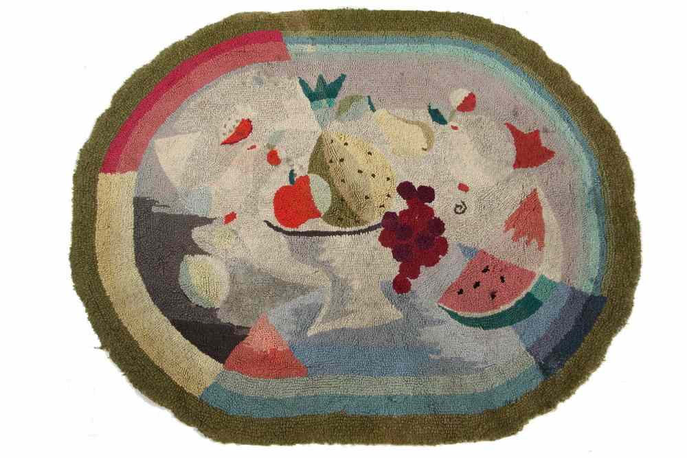 Appraisal: HOOKED RUG - Pictorial hooked rug depicting still life and