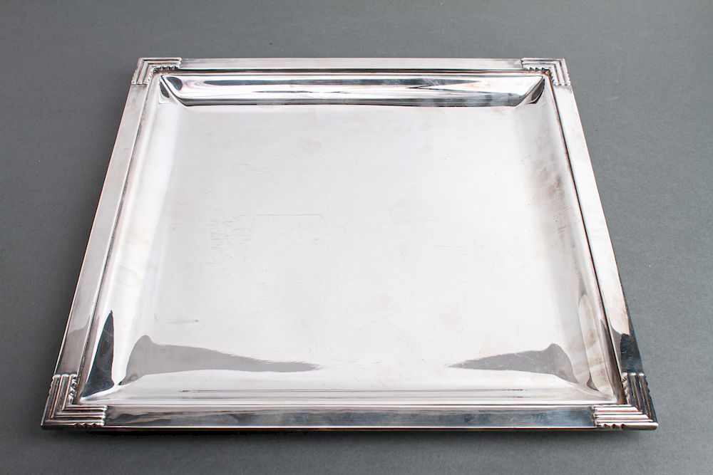 Appraisal: Modern Puiforcat France Silver-Plate Square Tray Modern Puiforcat France silver-plate