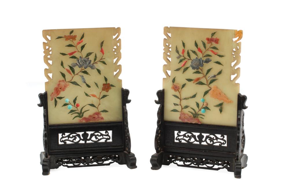 Appraisal: Pair of Chinese Hardstone Embellished Soapstone Panels in Hardwood Stands