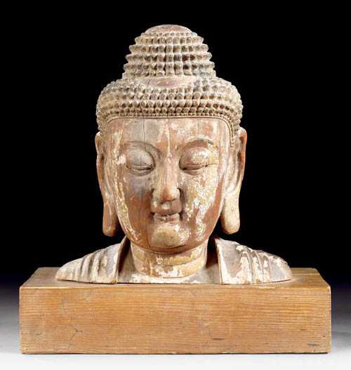 Appraisal: BUDDHA HEAD China Ming Dynasty H cm Wood with traces