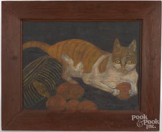 Appraisal: Oil on canvas primitive of a cat signed S Strach