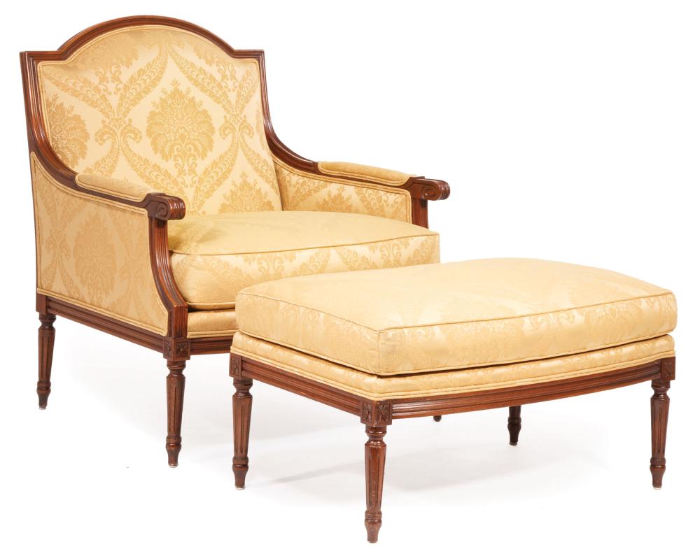 Appraisal: Louis XVI-Style Bergere and Ottoman arched back padded arms shaped