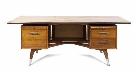 Appraisal: A Danish Desk the rectangular top over two pedestal legs