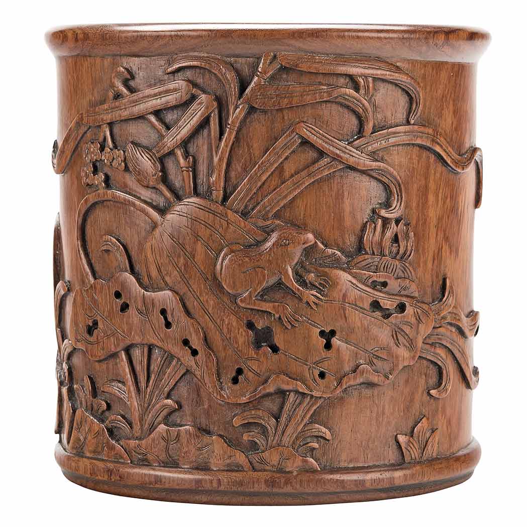 Appraisal: Chinese Bamboo Brushpot The cylindrical form deeply carved in the