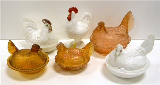 Appraisal: Four glass hens on nests and one rooster including three