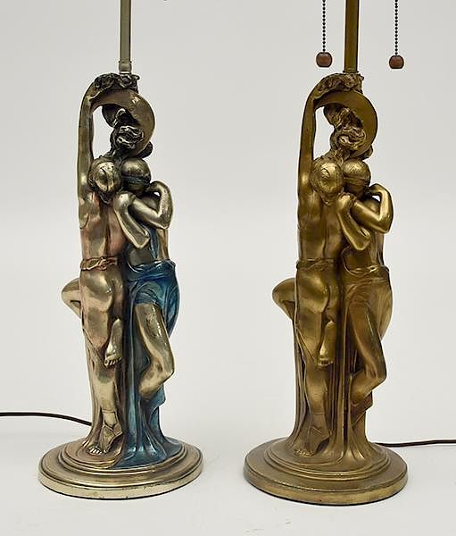 Appraisal: Two similar bronze table lamps The Lovers Two similar bronze