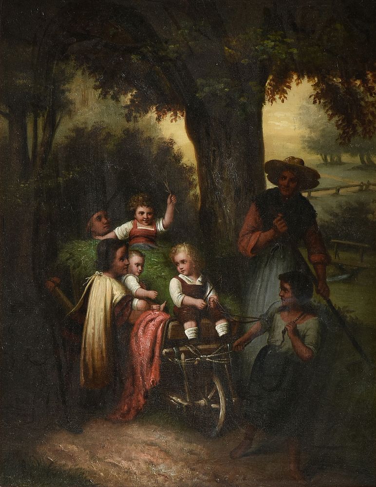 Appraisal: GERMAN SCHOOL A PAINTING Family of Dwarfs with Wagon in