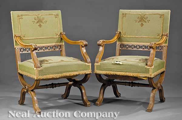 Appraisal: A Set of Eight Napoleon III Carved Fruitwood Curule Chairs