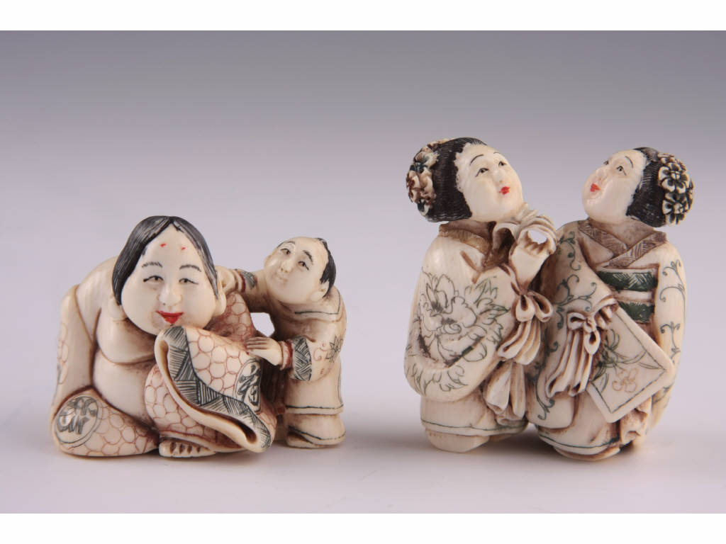 Appraisal: Two Netsuke Katabori Geisha Ivory the first being two geisha