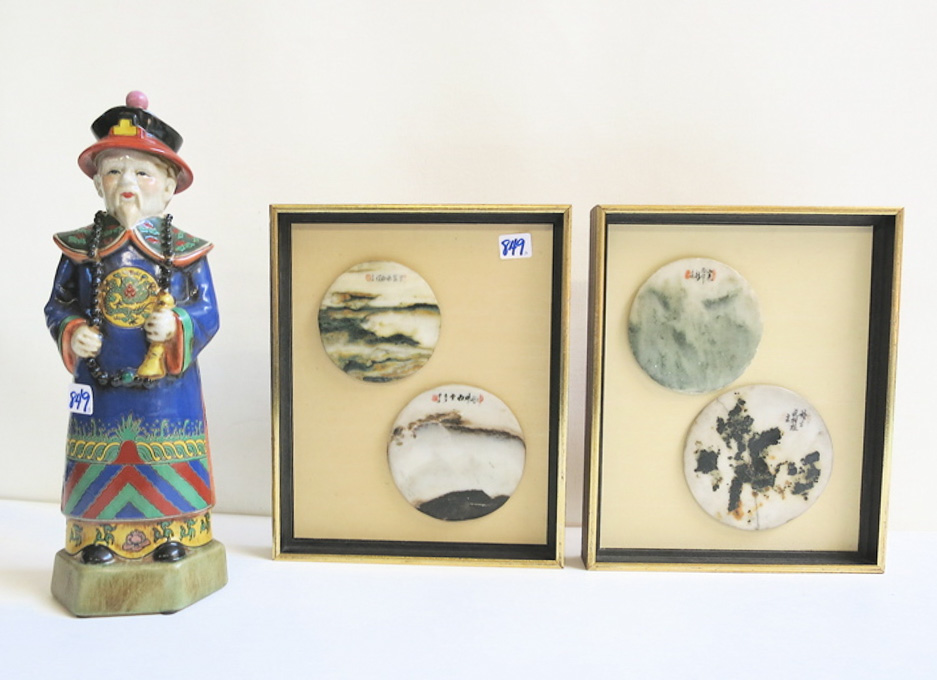 Appraisal: CERAMIC FIGURE AND PAIR FRAMED HARDSTONE DISCS three pieces Chinese