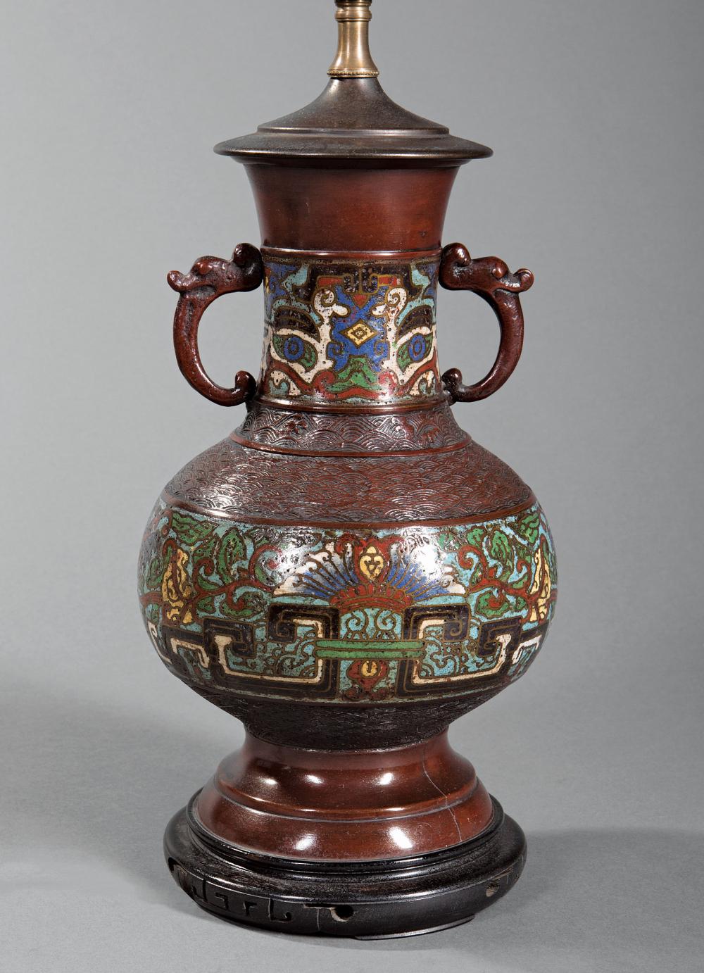 Appraisal: Asian Patinated Bronze and Cloisonne Enamel Baluster Vase th c