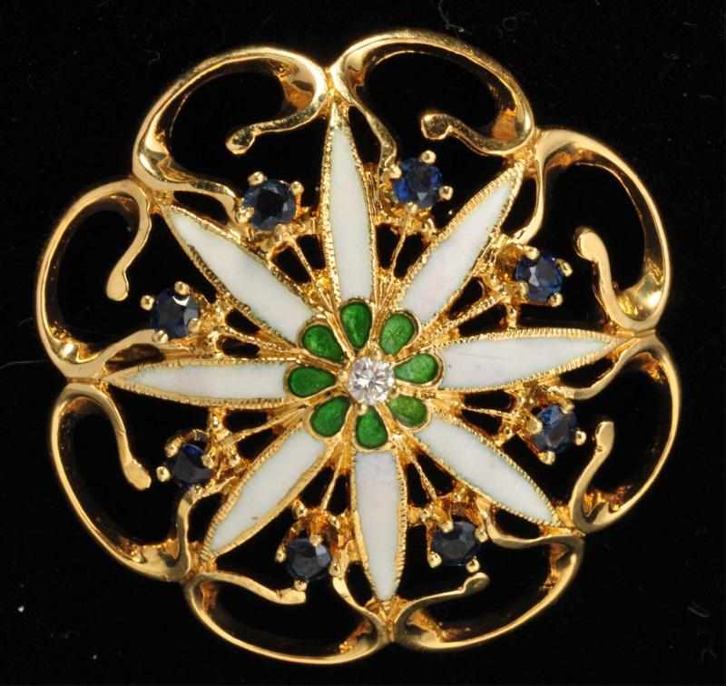 Appraisal: K Y Gold Diamond Sapphire Enamel Pin Description Diamonds ctw