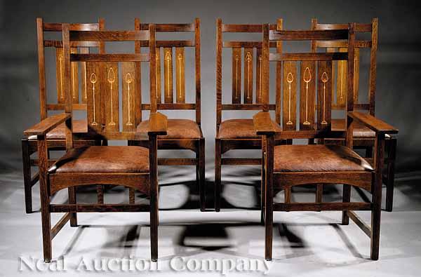 Appraisal: A Set of Six Stickley Harvey Ellis Oak and Inlaid