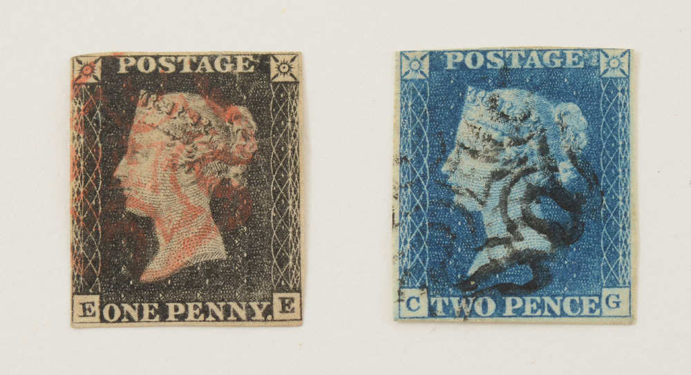 Appraisal: THE WORLD'S FIRST SECOND POSTAGE STAMPS framed and mounted postage