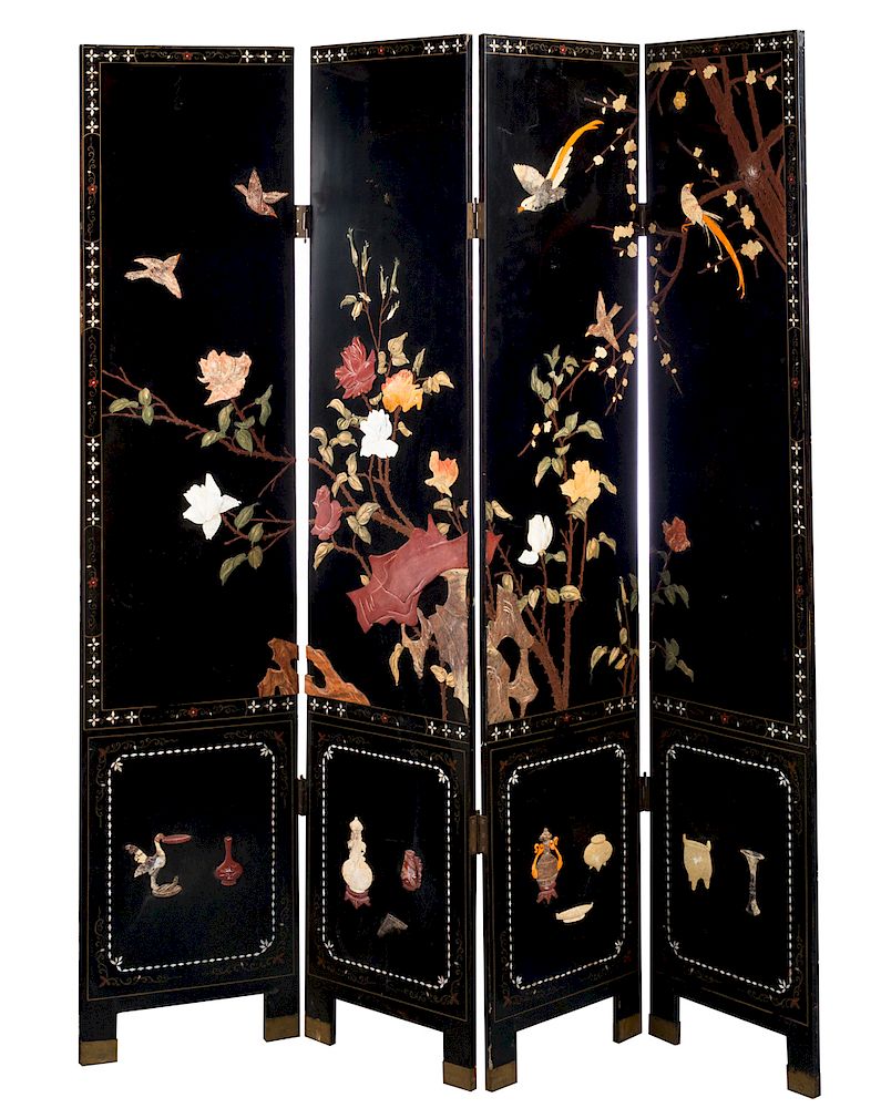 Appraisal: Oriental Black Lacquered Hardstone Dressing Screen each panel Excellent condition