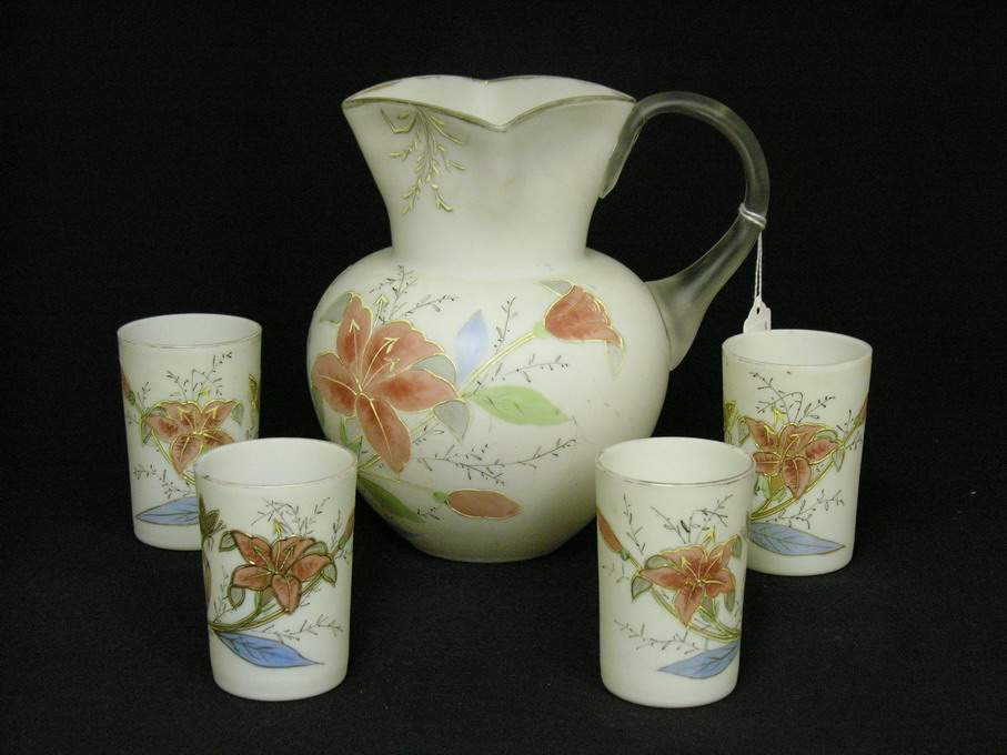 Appraisal: OPAL GLASS ENAMELED DECORATED PITCHER TUMBLERS Victorian lemonade set opal