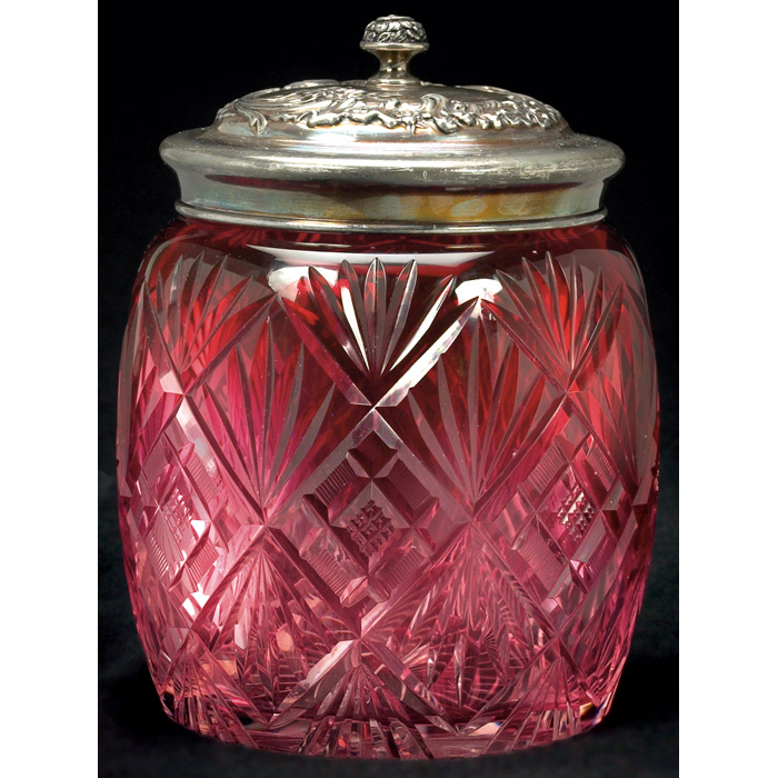 Appraisal: Mt Washington biscuit jar cranberry cut to clear with diamond