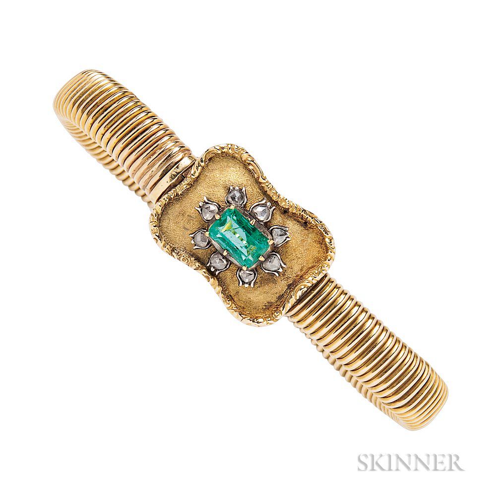 Appraisal: Antique Gold Emerald and Diamond Bracelet Antique Gold Emerald and