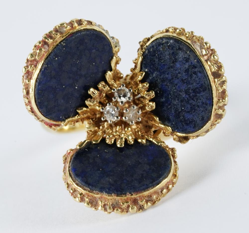 Appraisal: KARAT YELLOW GOLD LAPIS LAZULI DIAMOND RINGcomprising three oval table-cut