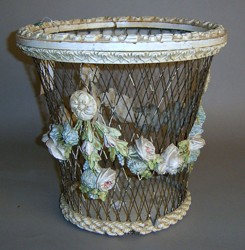 Appraisal: Wire wastebasket with painted floral swags h dia