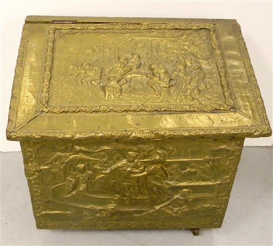 Appraisal: Brass repousse covered wooden box with figural scenes in relief