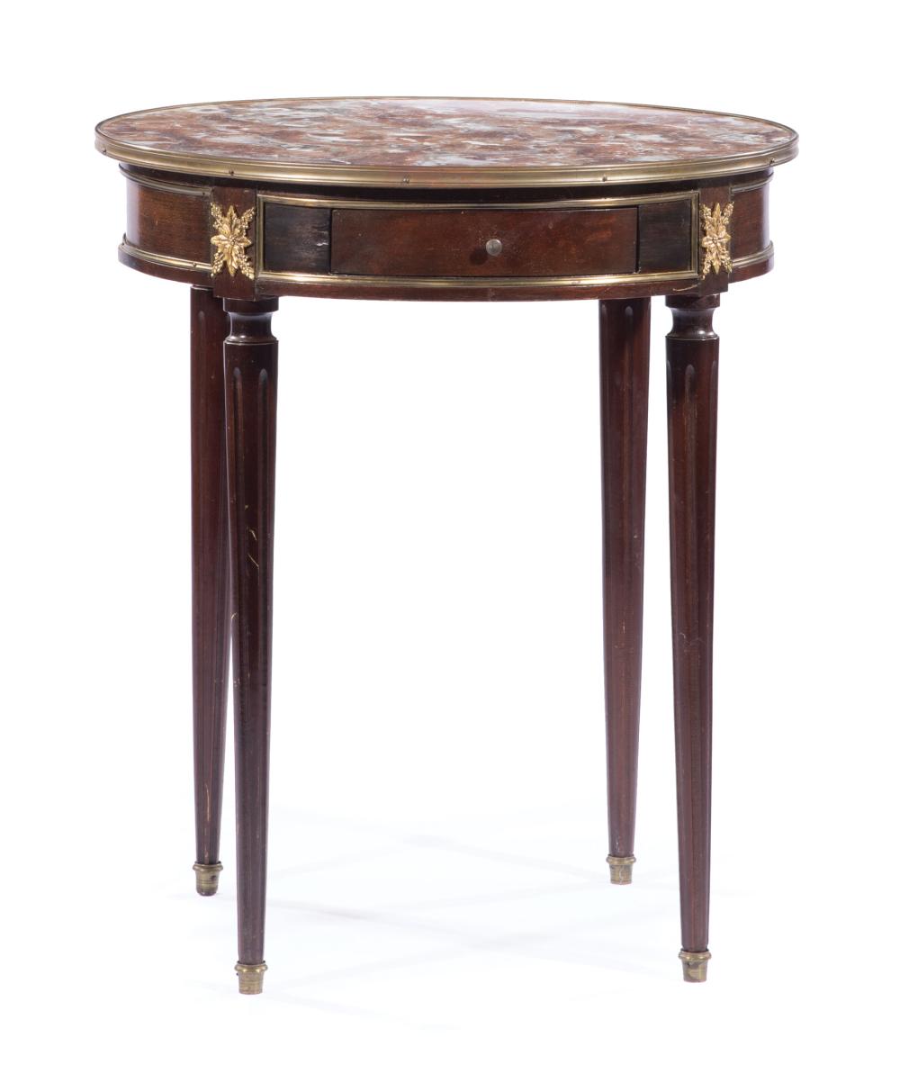 Appraisal: Louis XVI-Style Bronze-Mounted Bouillotte Table inset rouge marble top single