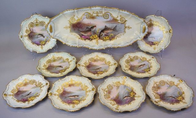 Appraisal: Piece Limoges Porcelain Fish Set Hand painted L S S