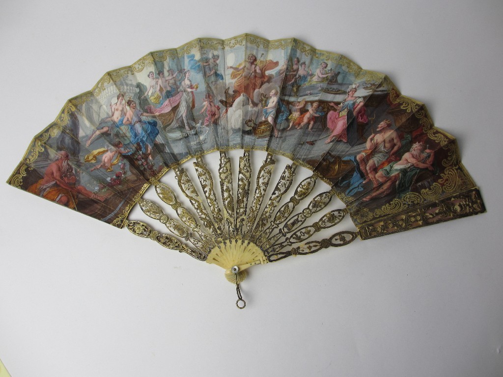 Appraisal: A painted fan decorated with mythological river Gods within gilt