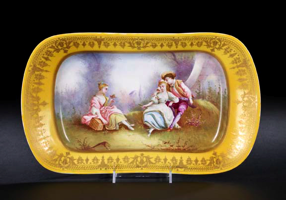 Appraisal: Large Martial Redon active - Limoges Fond Jaune-Bordered Porcelain Tray