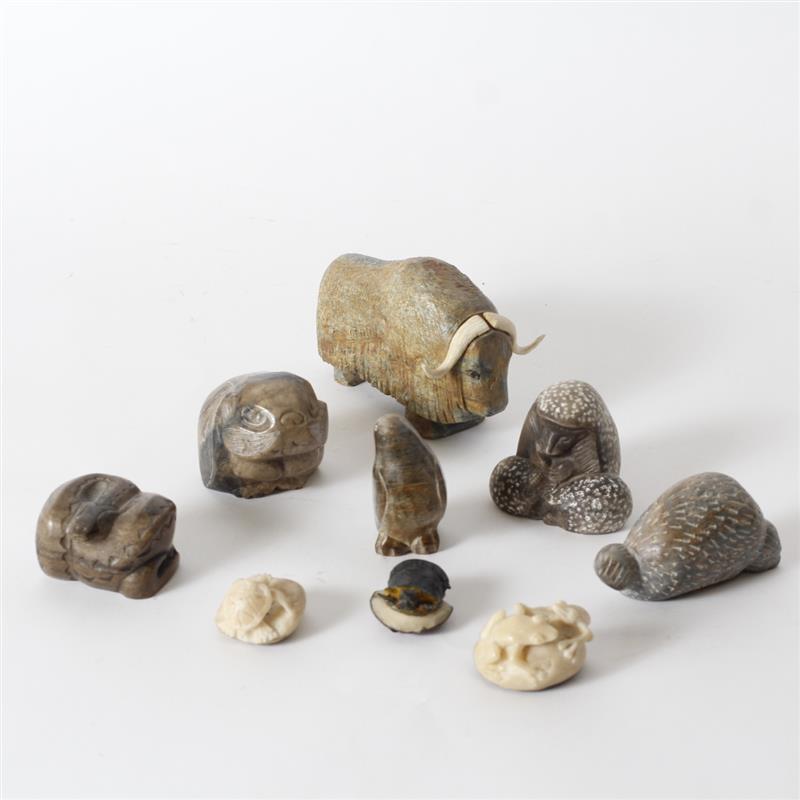 Appraisal: Nine Inuit stone and Ivory animal carvings H x W