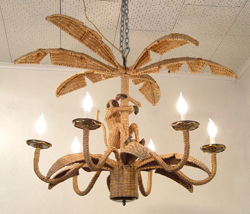 Appraisal: MONKEY IN A PALM TREE DECORATIVE WICKER CHANDELIER Illegible metal