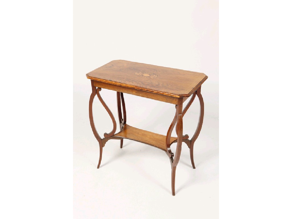 Appraisal: AN EDWARDIAN ROSEWOOD AND SATINWOOD STRUNG OCCASIONAL TABLE the rectangular