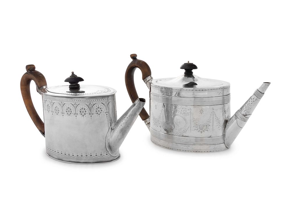 Appraisal: Two George III Silver Teapots Two George III Silver Teapots