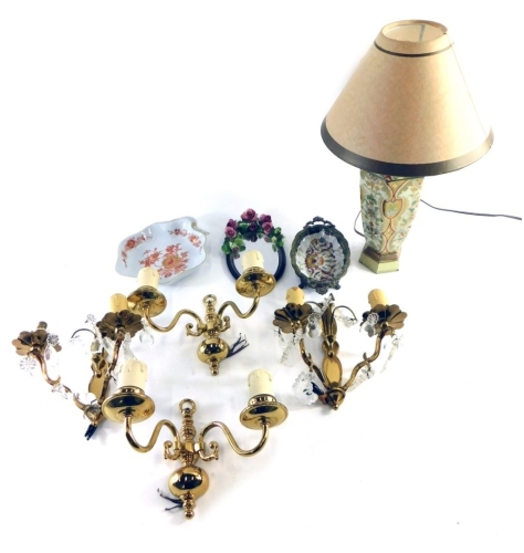 Appraisal: A pair of brass wall lights with glass drops a