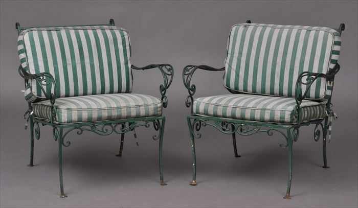 Appraisal: PAIR OF GREEN-PAINTED WROUGHT-IRON GARDEN ARMCHAIRS x in The pair