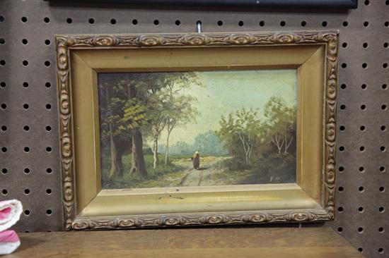 Appraisal: LANDSCAPE PAINTING WITH FIGURE Depicting an impressionistic tree lined path