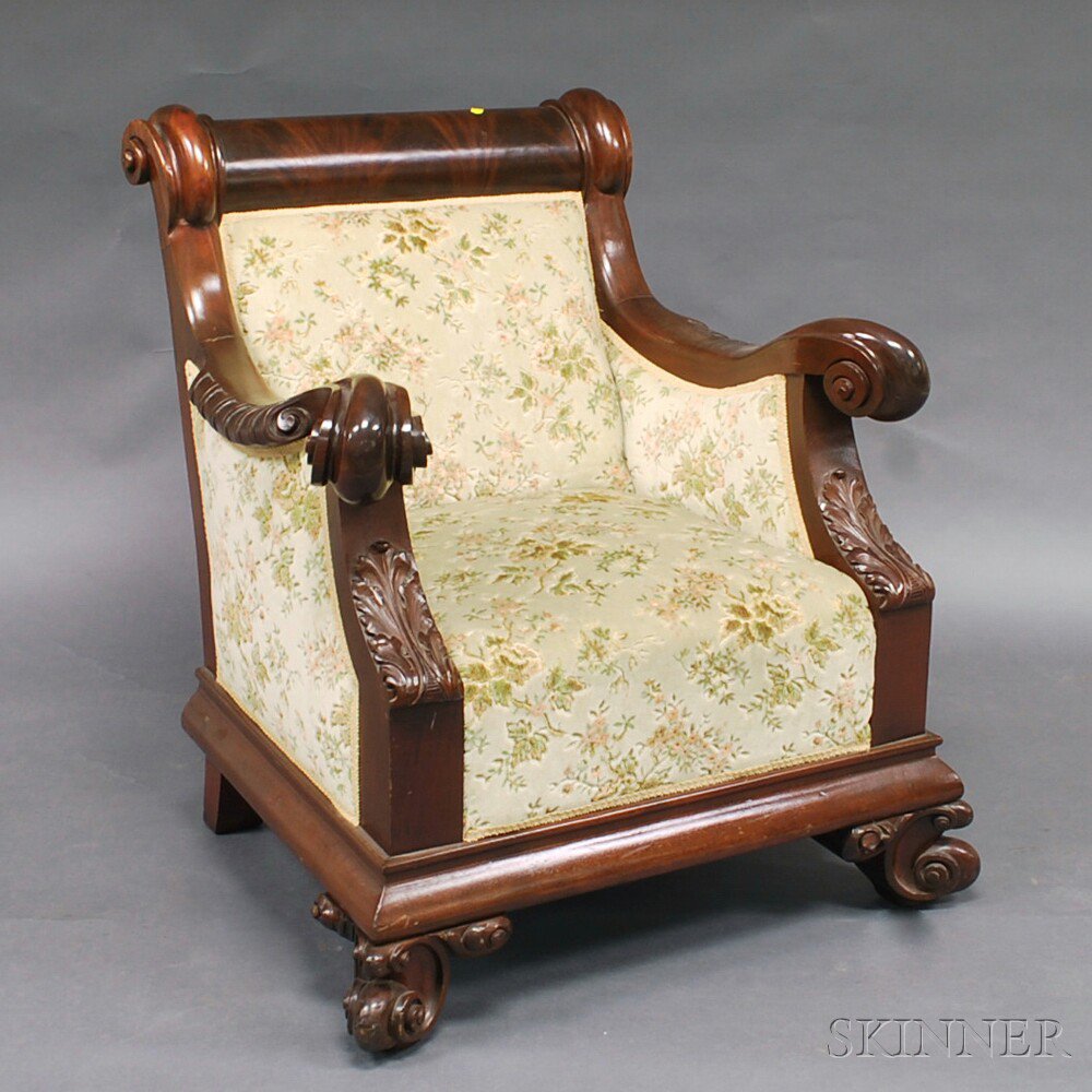 Appraisal: Late Federal-style Upholstered Mahogany Armchair the figured crest rail joined