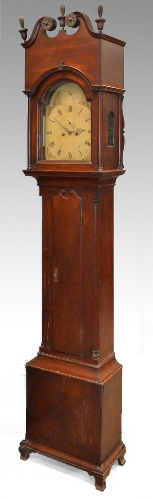 Appraisal: Chester County walnut tall case clock broken scroll bonnet engaged