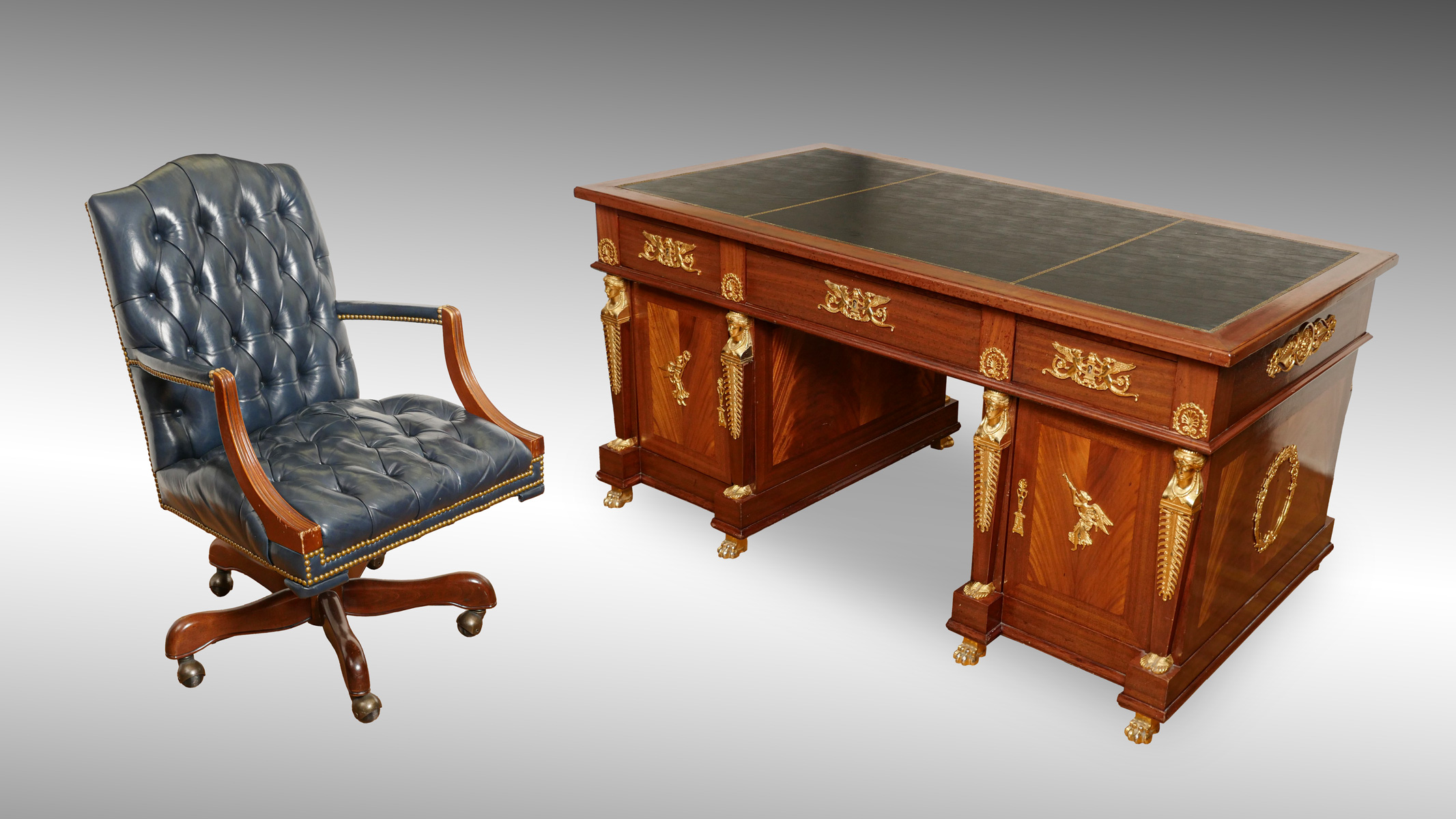 Appraisal: HIGHLY ORNATE EGYPTIAN REVIVAL STYLE DESK AND CHAIR Applied masquerons