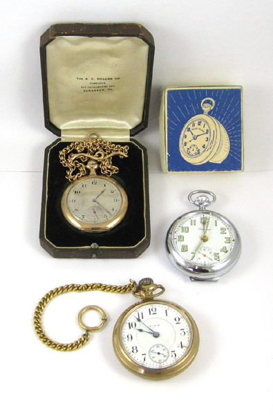 Appraisal: THREE OPEN FACE POCKET WATCHES Elgin model grade size jewels