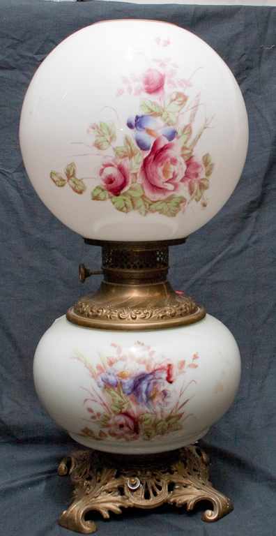 Appraisal: Brass and floral painted milk glass ''Gone with the Wind''