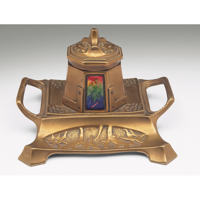 Appraisal: Arts Crafts inkwell handled form in brass with tooled designs