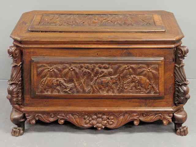 Appraisal: Anglo-Indian carved exotic wood blanket chest c with carved elephant