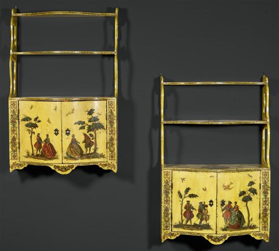 Appraisal: PAIR OF SMALL PAINTED HANGING CABINETS WITH ARTE POVERA Louis