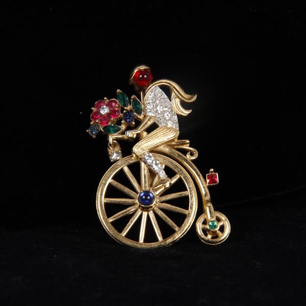 Appraisal: Vintage Trifari Jeweled Flower Peddler Bicycle Pave Figural Pin Brooch