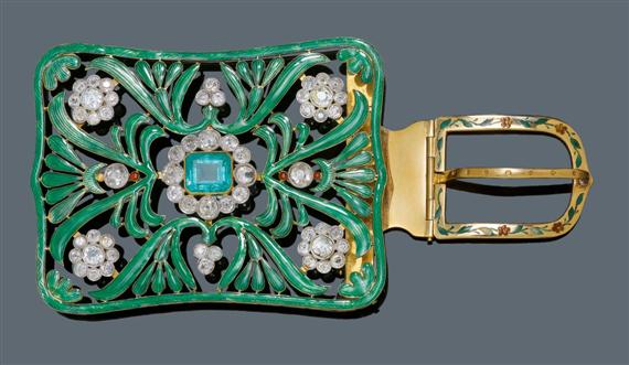 Appraisal: ENAMEL EMERALD AND DIAMOND BELT CLASP France ca Yellow gold