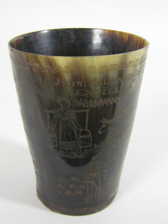 Appraisal: A th Century primitive horn large Beaker decorated harvesters milkmaid