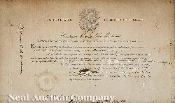 Appraisal: Appointment Document Signed by Governor William C C Claiborne partially