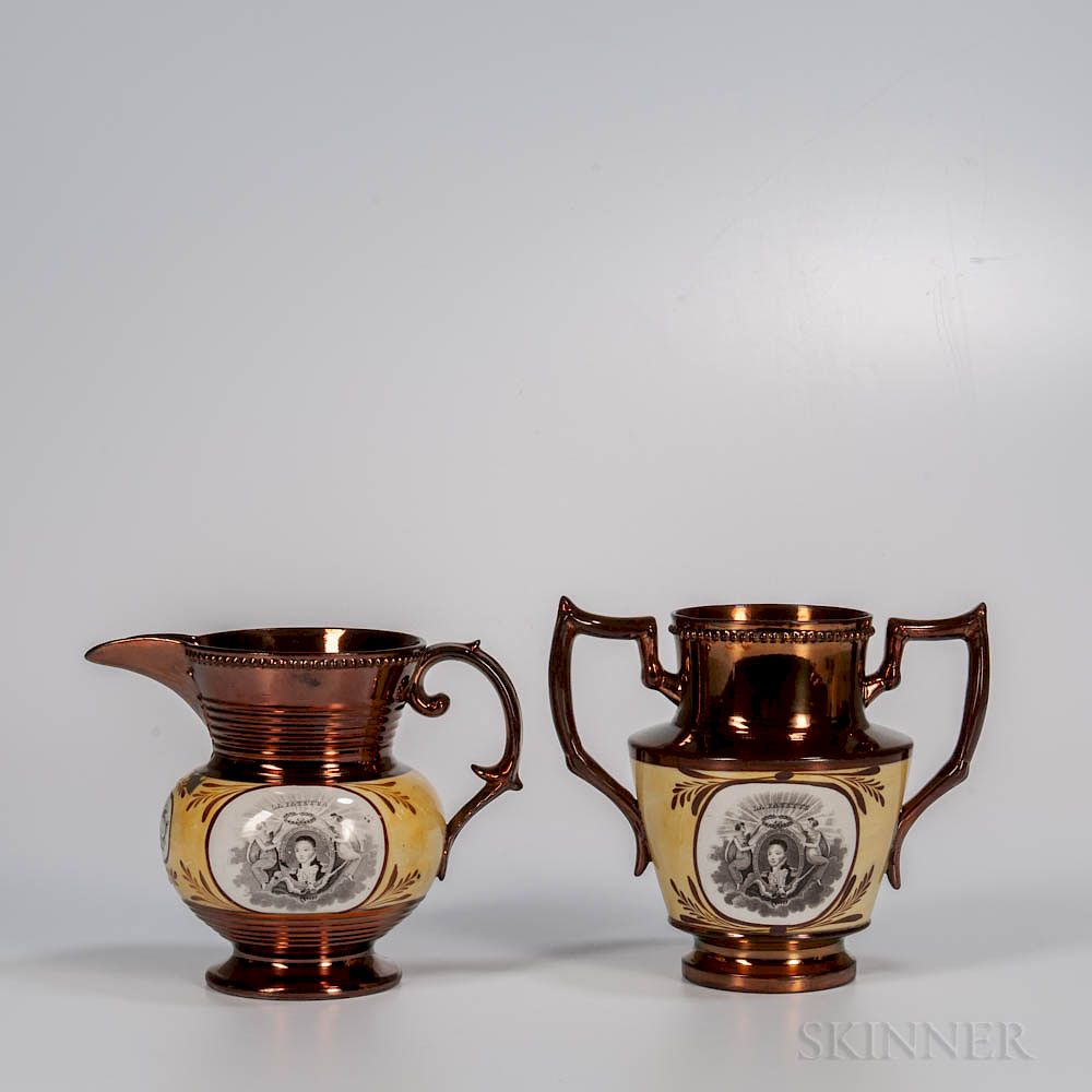 Appraisal: Two Staffordshire Copper Lustre Decorated Lafayette Cornwallis Items Two Staffordshire