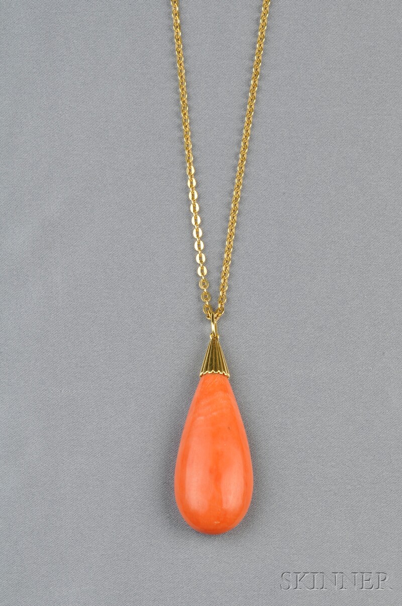 Appraisal: kt Gold and Coral Pendant the large coral drop with